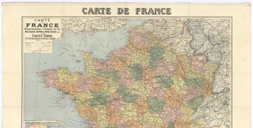 Carte de France. Départements et chemins de fer. Belgique, bords du Rhin, Suisse, etc.